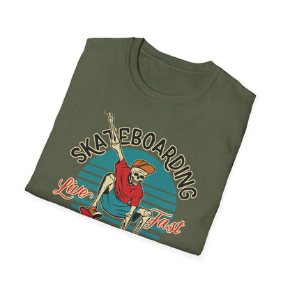 Cool Vintage Skeleton Skater T-Shirt | Live Fast Die Young Retro Skateboarding Graphic Tee for Extreme Fans