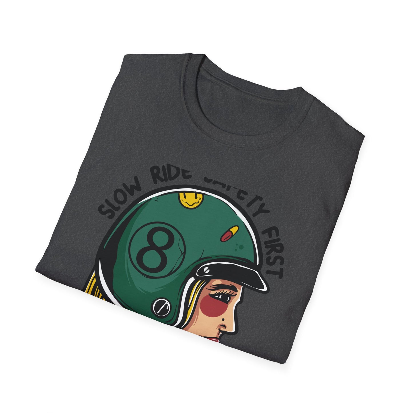 Vibrant Biker Girl Helmet T-Shirt | "Slow Ride Safety First" Retro Motorcycle Rider Tee for Women