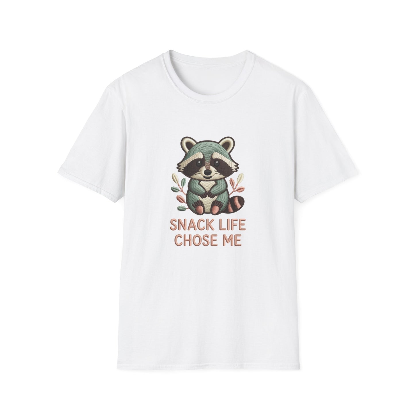 Adorable "Snack Life Chose Me" Raccoon T-Shirt | Funny Embroidered Style Animal Lover Tee | Cozy Unisex Foodie Gift