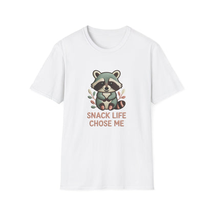 Adorable "Snack Life Chose Me" Raccoon T-Shirt | Funny Embroidered Style Animal Lover Tee | Cozy Unisex Foodie Gift