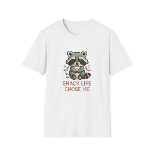Adorable "Snack Life Chose Me" Raccoon T-Shirt | Funny Embroidered Style Animal Lover Tee | Cozy Unisex Foodie Gift