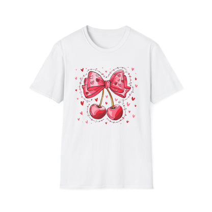 Sweet Cherries & Heart Bow T-Shirt | Adorable Pink Love Design Tee for Women - Perfect Gift