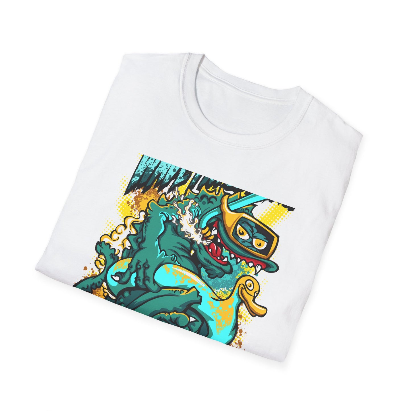 Epic 'WAVE I'M COMING' Monster T-Shirt - Hilarious Swimming Dragon & Duck Float Graphic Tee for Summer Fun & Beach Adventures