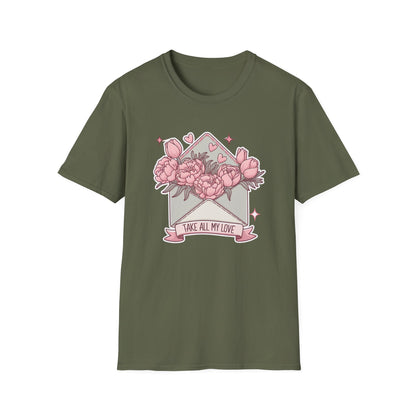 Sweet Love Letter T-Shirt: 'Take All My Love' Peony & Tulip Envelope Tee | Romantic Gift for Her