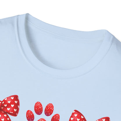Charming Pet Love T-Shirt: Red Heart Bows & Glitter Paw Prints | Valentine's Day Animal Lover Tee