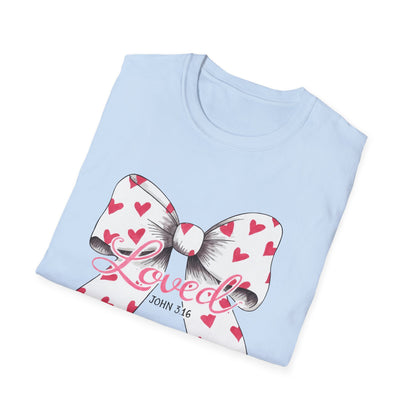 Inspiring 'Loved' John 3:16 T-Shirt | Christian Faith Tee with Hearts Bow | Beautiful Spiritual Gift for Women