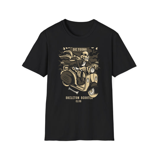 Ride Fast Die Young Skeleton Scooter Club T-Shirt - Vintage Edgy Graphic Tee for Daring Souls | Epic Biker Style