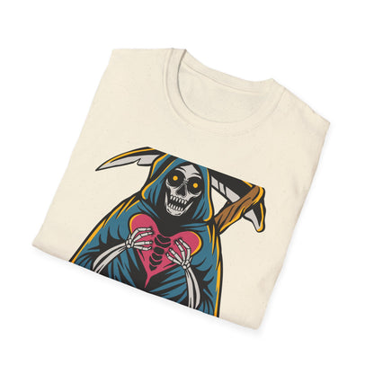 Bold Grim Reaper Heart T-Shirt | Unique Gothic Skeleton Love Tee | Edgy Macabre Statement Apparel