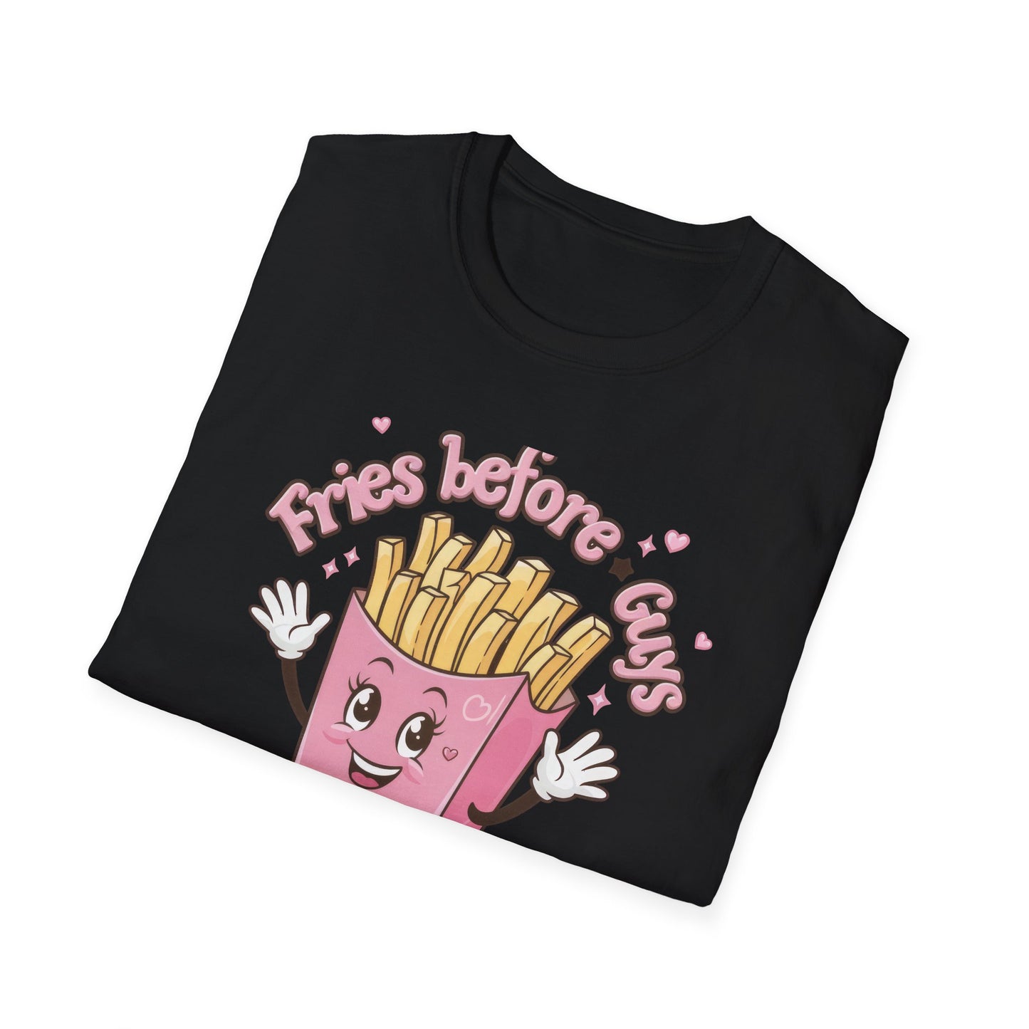 Cute 'Fries Before Guys' T-Shirt | Adorable Pink French Fry Lover Tee | Funny Foodie Graphic Top for Women & Teens