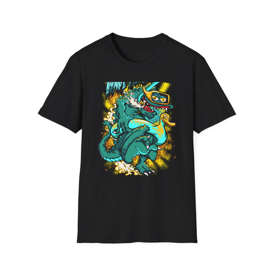 Epic 'WAVE I'M COMING' Monster T-Shirt - Hilarious Swimming Dragon & Duck Float Graphic Tee for Summer Fun & Beach Adventures