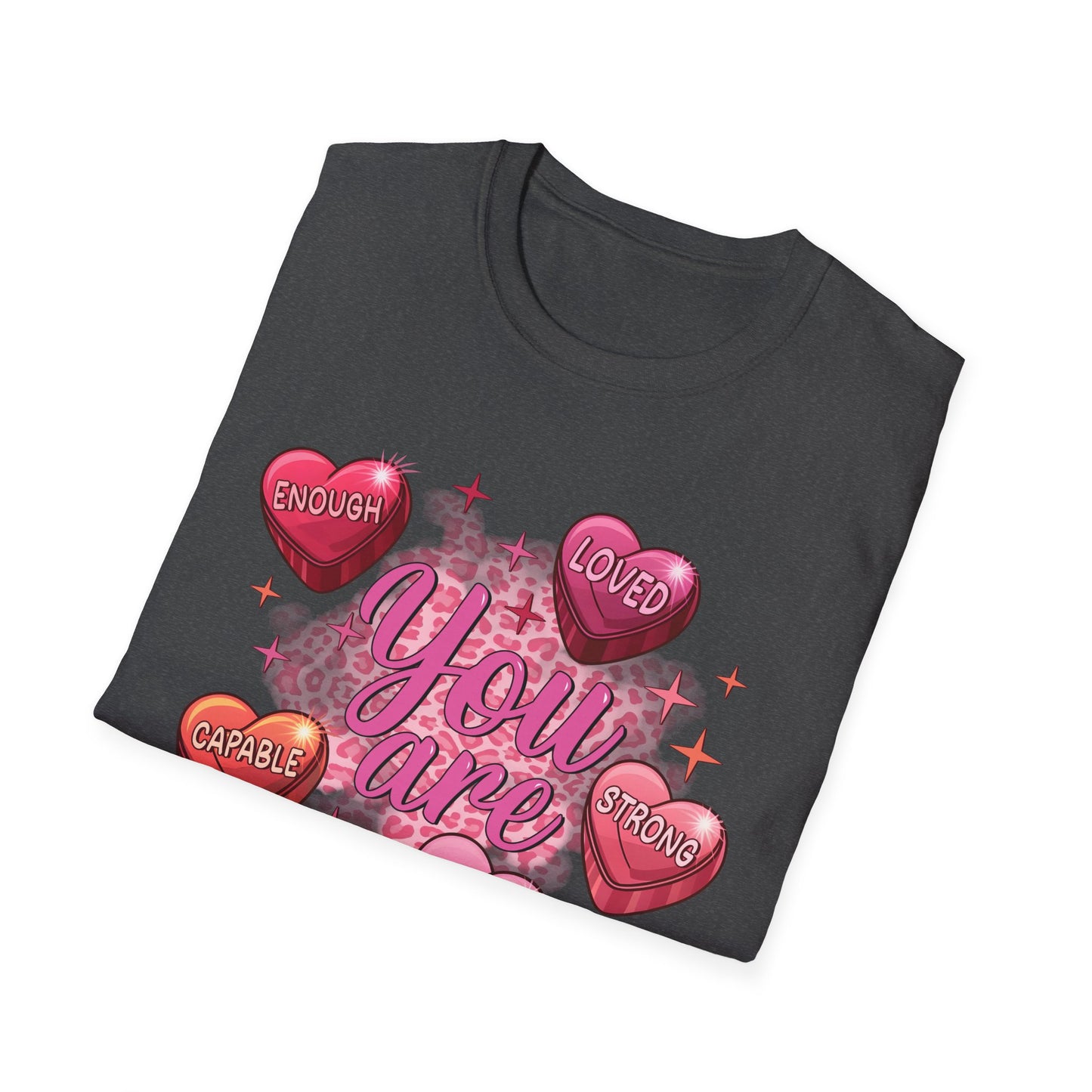 Vibrant 'You Are' Empowering T-Shirt | Self-Love Conversation Hearts & Leopard Print Tee for Women & Girls | Positive Affirmation Gift