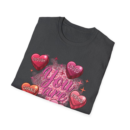 Vibrant 'You Are' Empowering T-Shirt | Self-Love Conversation Hearts & Leopard Print Tee for Women & Girls | Positive Affirmation Gift