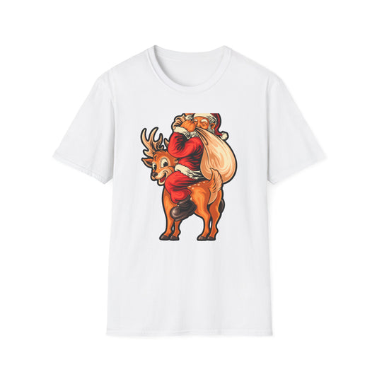 Epic Santa Riding Reindeer T-Shirt - Funny Christmas Piggyback Holiday Tee | Joyful Festive Apparel