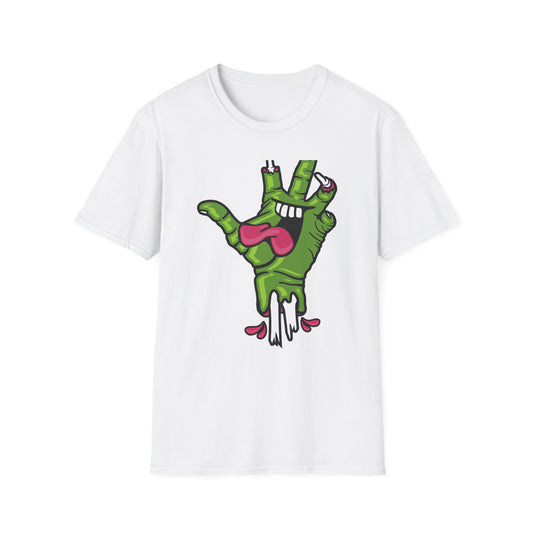 Groovy Zombie Hand T-Shirt with Smiling Monster Face | Spooky Halloween Rock On Tee | Creepy Fun Apparel