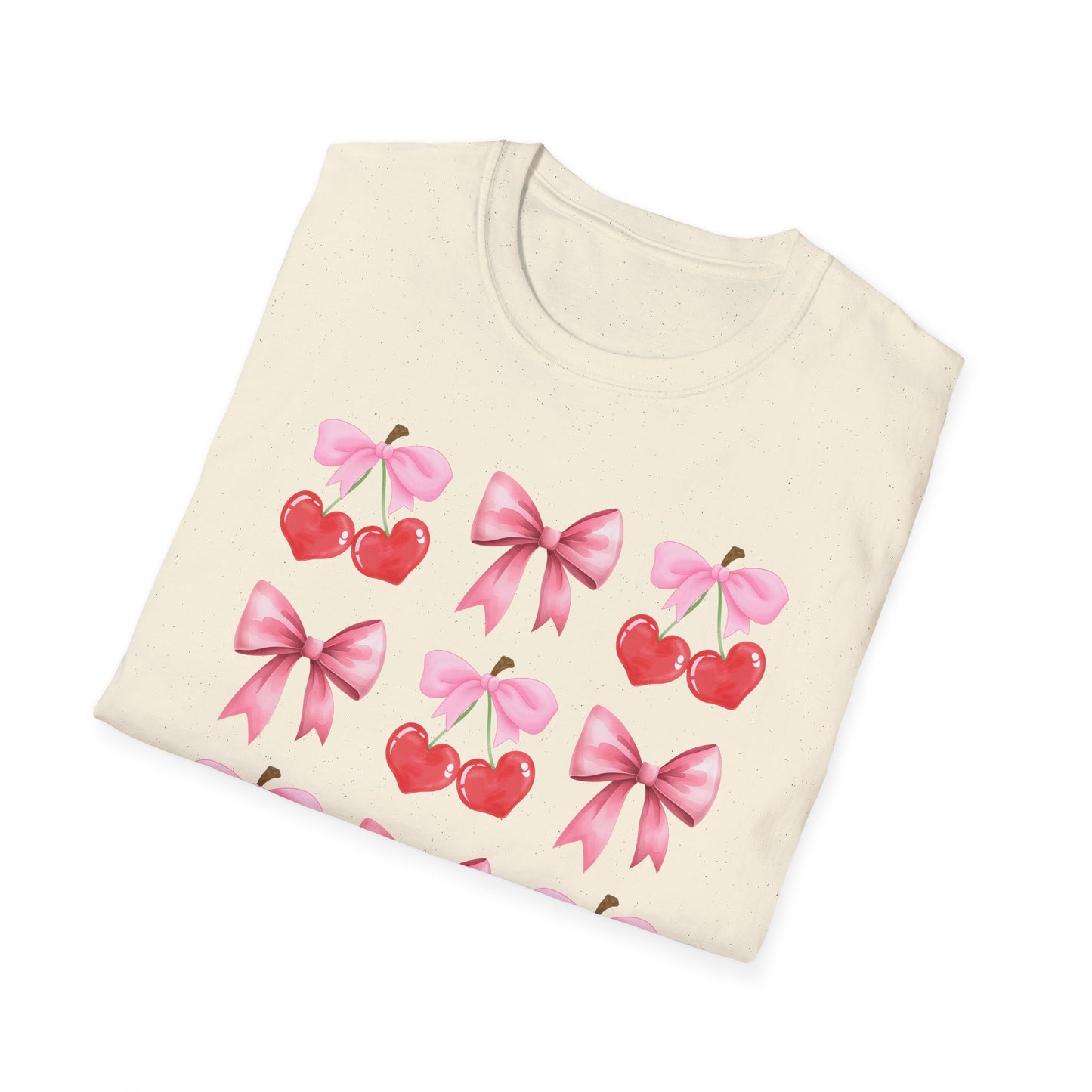 Delightful Pink Bow & Heart Cherry T-Shirt - Adorable Lovecore Aesthetic Tee for Her | Sweet Valentine's Gift