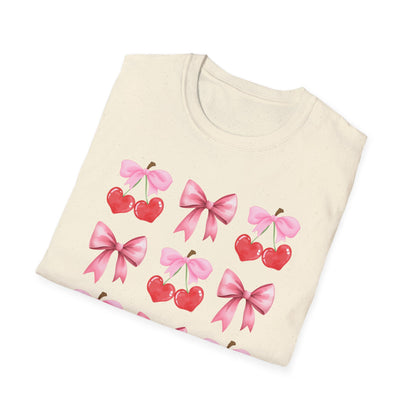 Delightful Pink Bow & Heart Cherry T-Shirt - Adorable Lovecore Aesthetic Tee for Her | Sweet Valentine's Gift