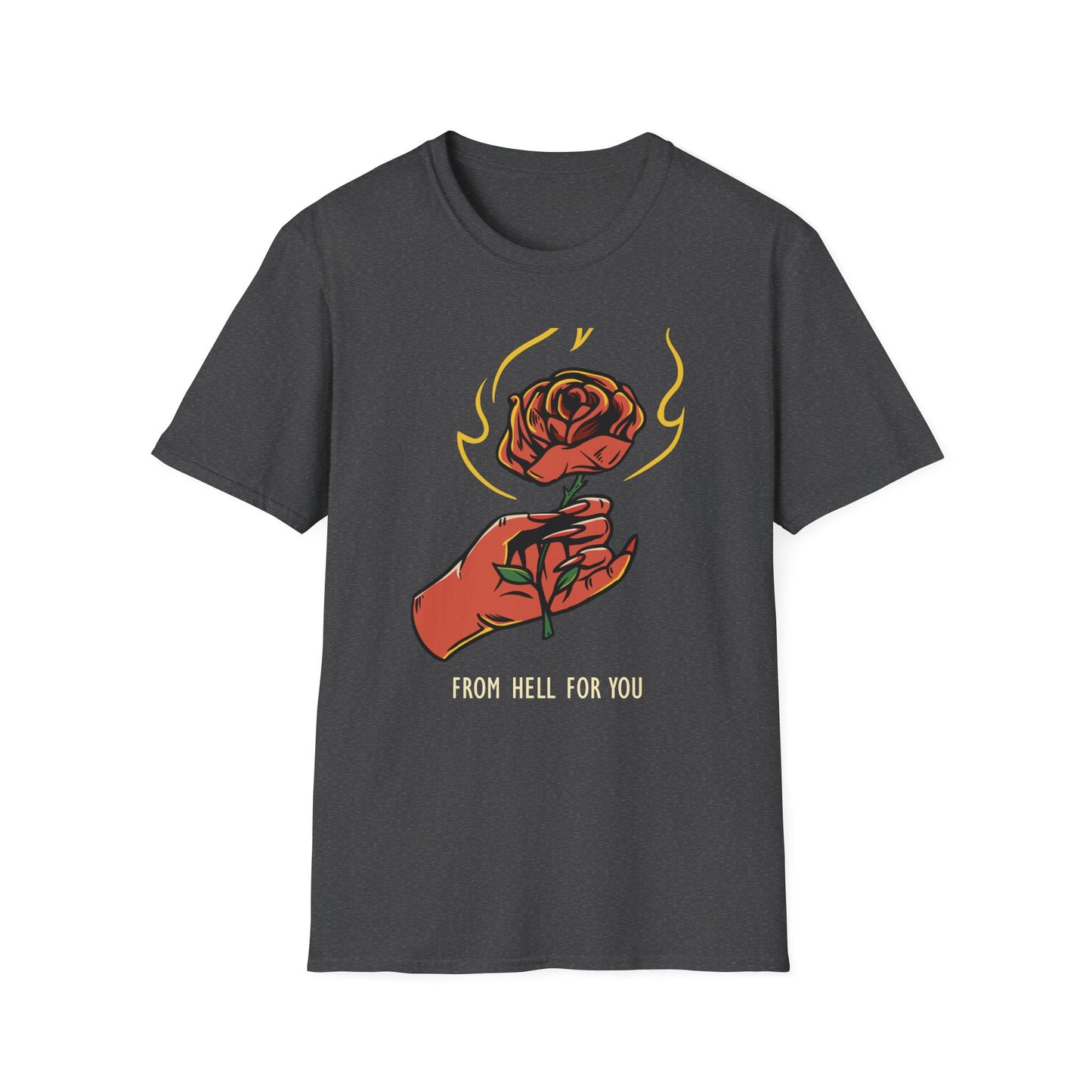 Fiery Rose from Hell T-Shirt - Iconic Dark Romantic Gothic Tee with Inferno Hand & 'FROM HELL FOR YOU' | Edgy Style