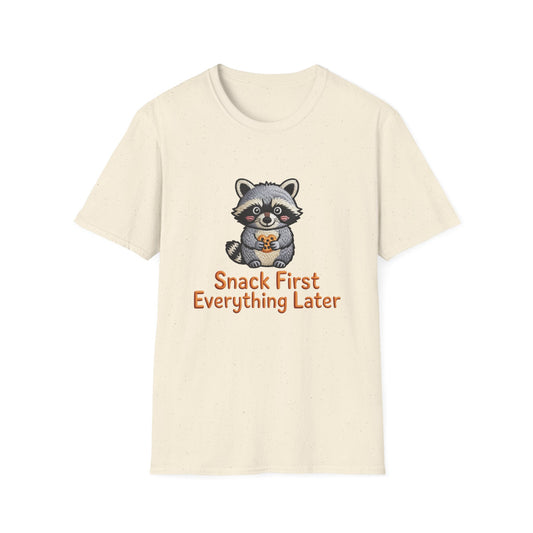 Adorable Raccoon Pretzel T-Shirt - Funny 'Snack First Everything Later' Foodie Tee | Cute Animal Graphic Apparel Gift