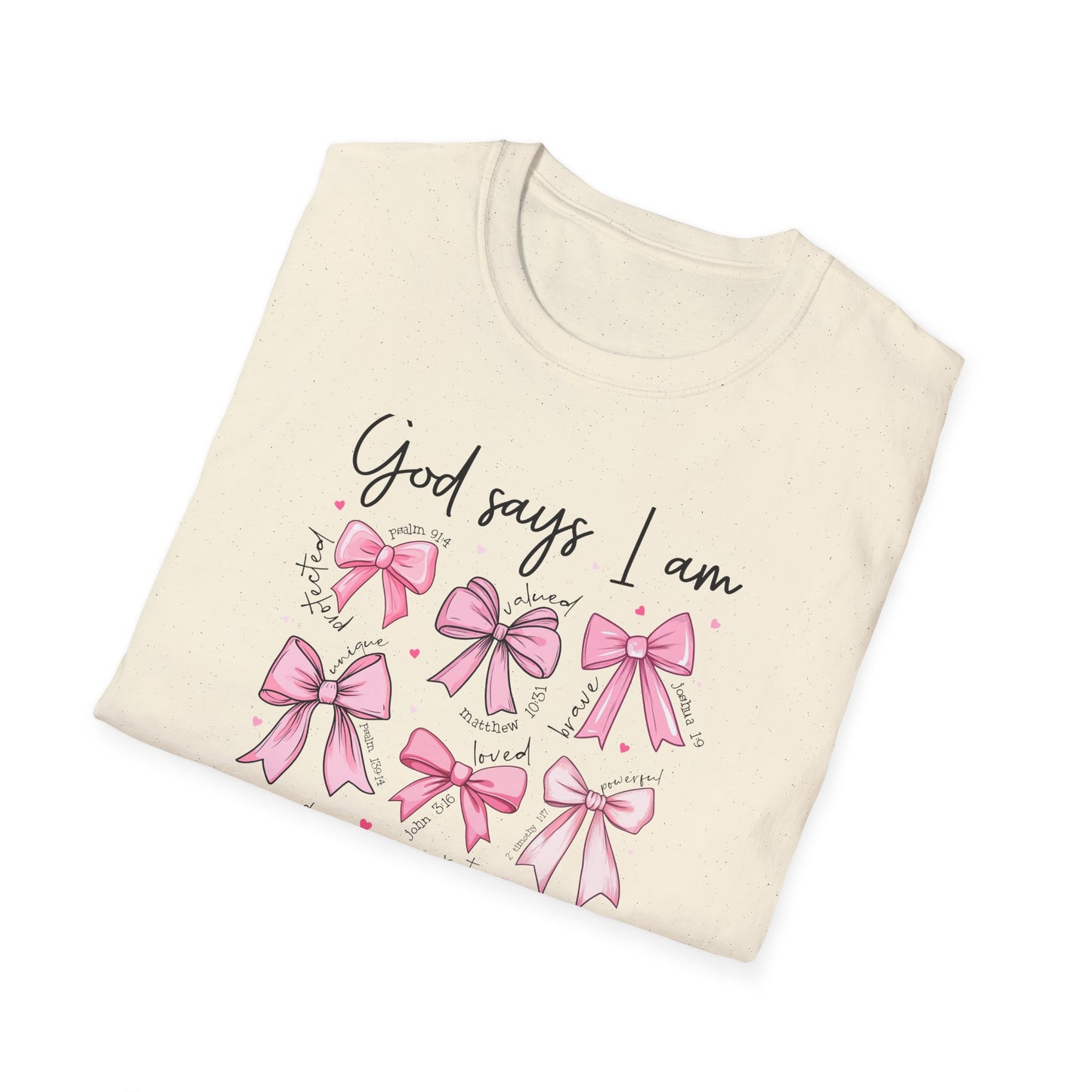 Empowering God Says I Am T-Shirt | Christian Affirmation Pink Bow Tee | Inspiring Bible Verse Faith Apparel for Women & Girls