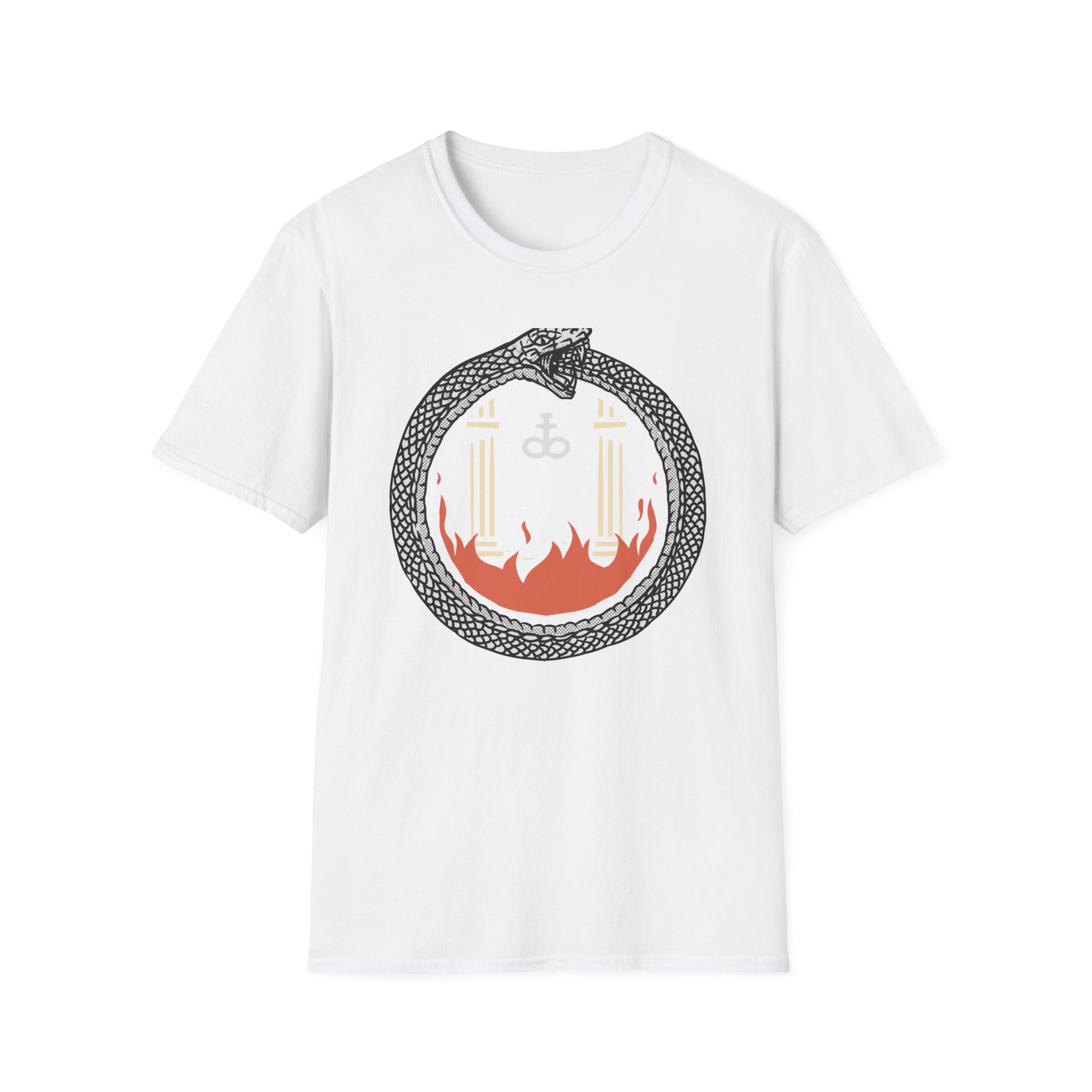 Mystical Ouroboros Serpent T-Shirt with Alchemical Leviathan Cross & Pillars - Esoteric Wisdom Tee