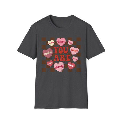 Empowering 'You Are' Positive Affirmation T-Shirt - Retro Candy Heart Self-Love Tee for Women & Teens - Ultimate Confidence Booster Gift