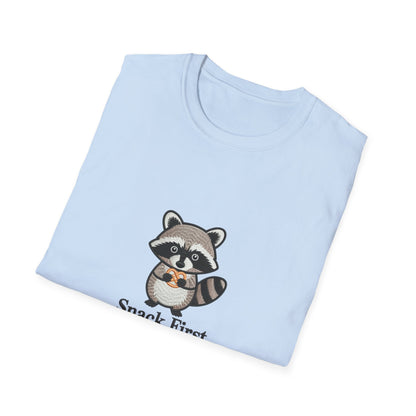 Cute Raccoon Pretzel T-Shirt - "Snack First Everything Later" Funny Foodie Animal Tee | Hilarious Comfort Lover Gift