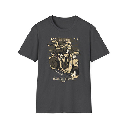 Ride Fast Die Young Skeleton Scooter Club T-Shirt - Vintage Edgy Graphic Tee for Daring Souls | Epic Biker Style