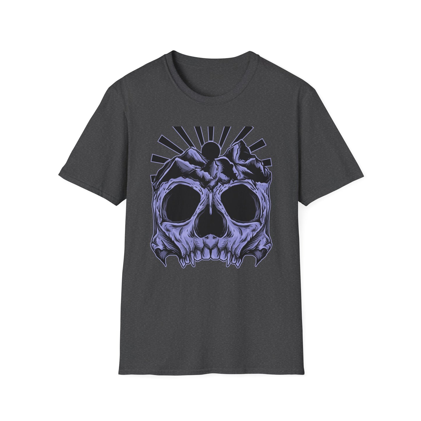Bold Mountain Skull T-Shirt | Mystic Sun Rays & Nature Art | Unique Grunge Alternative Tee | Edgy Outdoor Apparel for Men & Women