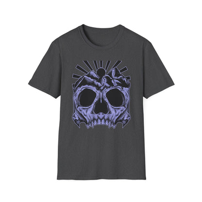 Mystical Mountain Skull T-Shirt | Striking Dark Art Tee with Cosmic Rays - Unique Gothic Nature Graphic for Adventurers & Aesthetic Lovers