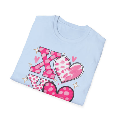 Sparkling XOXO Love Hearts T-Shirt | Chic Pink Polka Dot & Brushstroke Tee | Perfect Valentine's Day & Everyday Wear