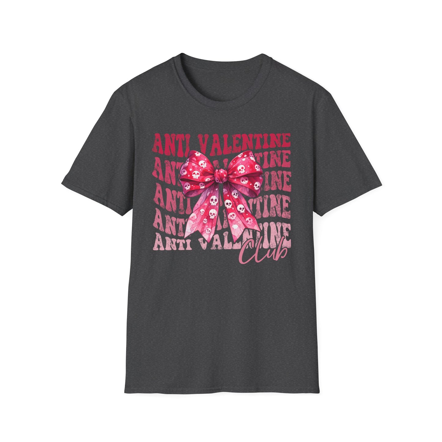 Sassy Anti Valentine's Club T-Shirt: Edgy Pink Skull Bow Tee | Unique Valentine's Day Rejection & Goth Aesthetic Statement Top