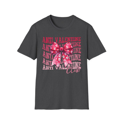 Sassy Anti Valentine's Club T-Shirt: Edgy Pink Skull Bow Tee | Unique Valentine's Day Rejection & Goth Aesthetic Statement Top
