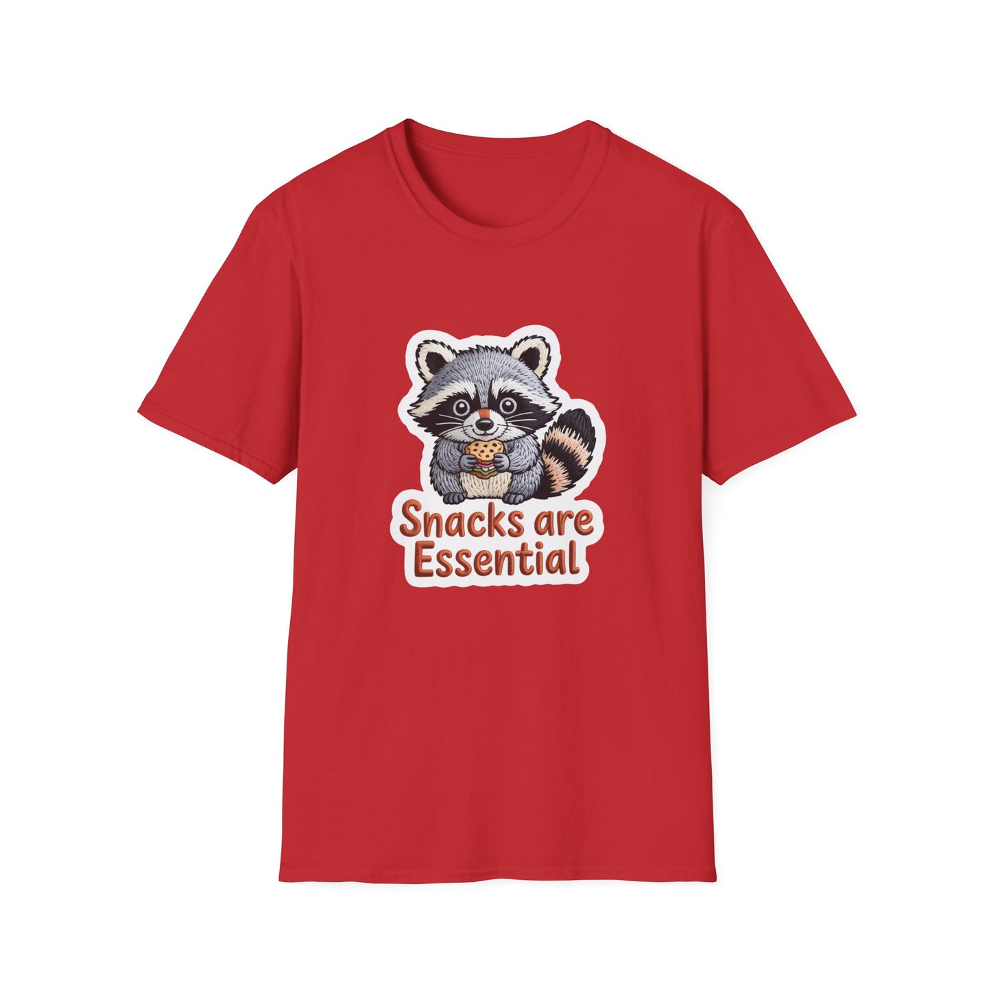 "Snacks are Essential" Raccoon T-Shirt | Cute Foodie Animal Lover Tee | Funny & Cozy Gift for Snack Addicts