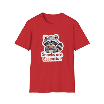"Snacks are Essential" Raccoon T-Shirt | Cute Foodie Animal Lover Tee | Funny & Cozy Gift for Snack Addicts