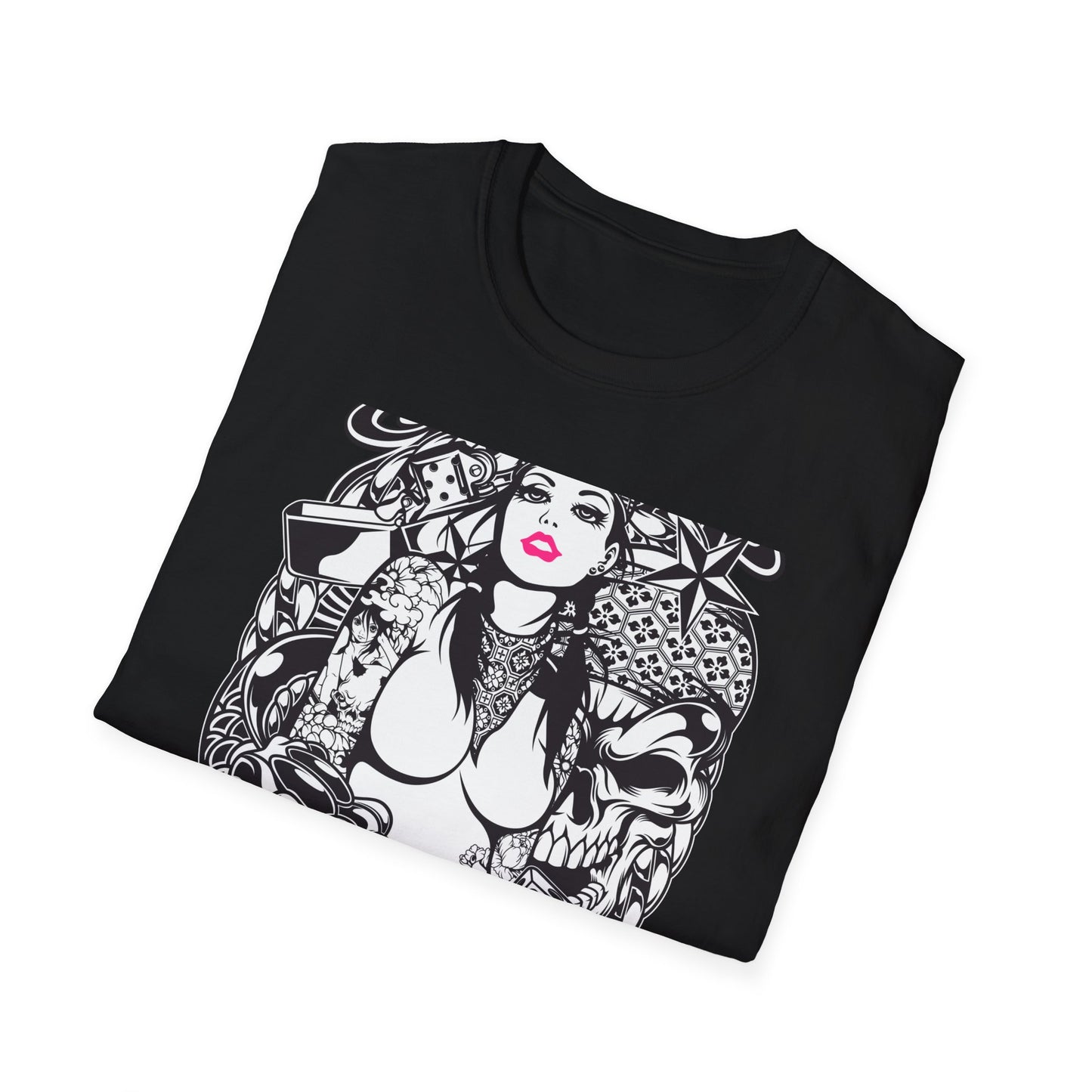 Bold Tattoo Girl & Skull Graphic T-Shirt | Edgy Urban Streetwear | Dice & Star Statement Tee - Unleash Your Rebel Style!
