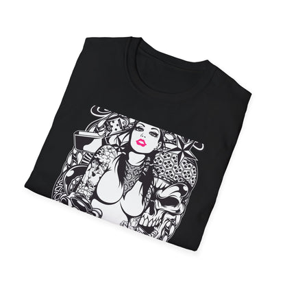 Bold Tattoo Girl & Skull Graphic T-Shirt | Edgy Urban Streetwear | Dice & Star Statement Tee - Unleash Your Rebel Style!