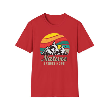 Inspiring Vintage Nature Mountains T-Shirt | Retro Outdoors Adventure Tee with 'Nature Brings Hope' Design | Essential Hiking & Camping Shirt