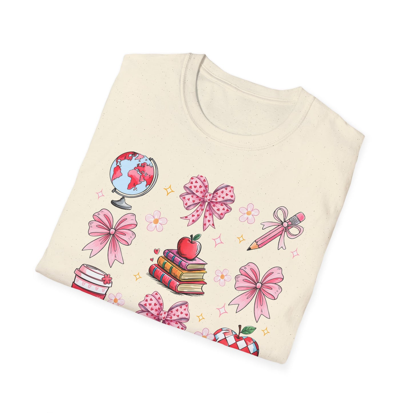 Awesome Teacher Appreciation T-Shirt | 'Teaching Is A Work of Heart' Tee | Cute School Supplies & Pink Bows Gift