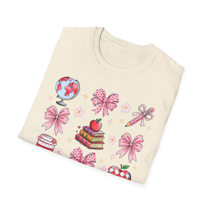 Awesome Teacher Appreciation T-Shirt | 'Teaching Is A Work of Heart' Tee | Cute School Supplies & Pink Bows Gift