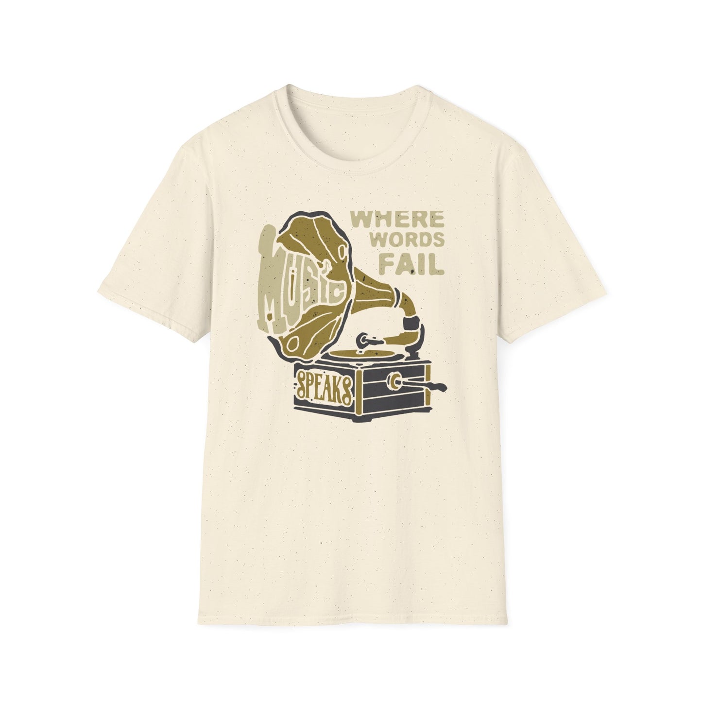 Expressive 'Where Words Fail Music Speaks' T-Shirt - Vintage Gramophone Design for Soulful Music Lovers