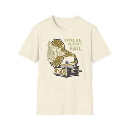 Expressive 'Where Words Fail Music Speaks' T-Shirt - Vintage Gramophone Design for Soulful Music Lovers