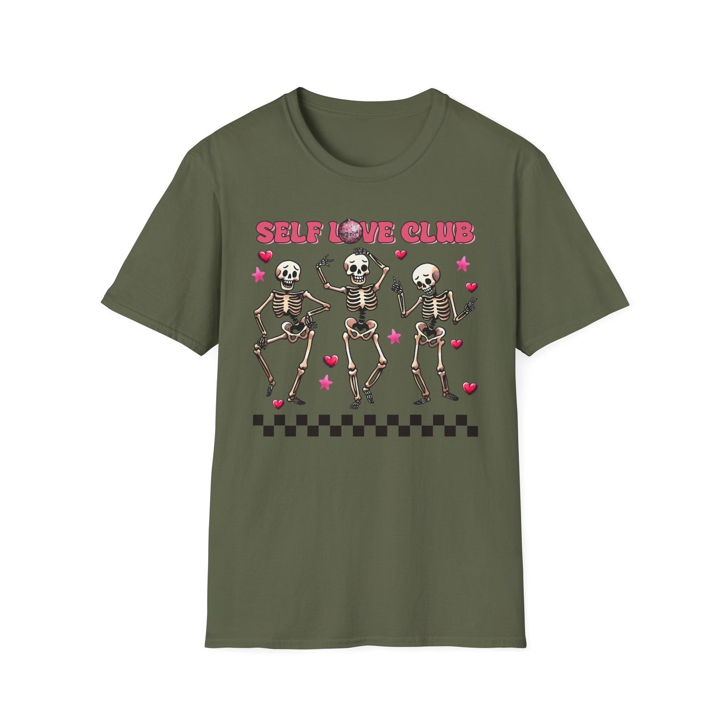 Groovy Self Love Club T-Shirt | Empowering Dancing Skeletons & Disco Ball Design | Trendy & Unique Top