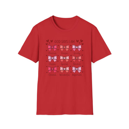 Empowering God Says I Am T-Shirt | Divine Christian Affirmation Tee for Women & Girls with Cute Bows & Hearts
