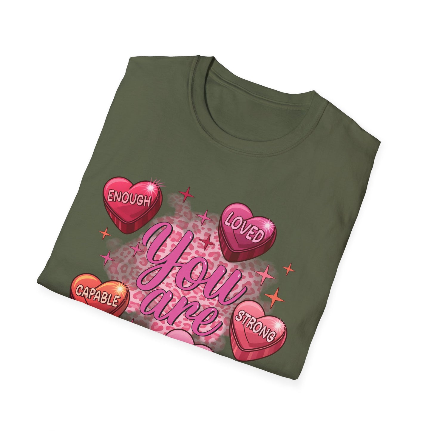 Vibrant 'You Are' Empowering T-Shirt | Self-Love Conversation Hearts & Leopard Print Tee for Women & Girls | Positive Affirmation Gift