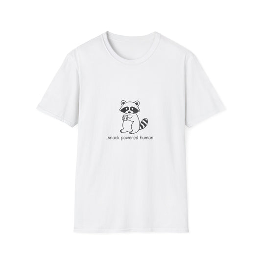 Adorable Raccoon 'Snack Powered Human' T-Shirt | Funny Foodie Animal Lover Tee | Cozy & Unique Graphic Shirt Gift