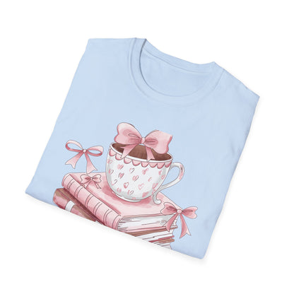 Cozy Pink Books & Teacup T-Shirt | Aesthetic Book Lover Gift | Delightful Reader Style Top