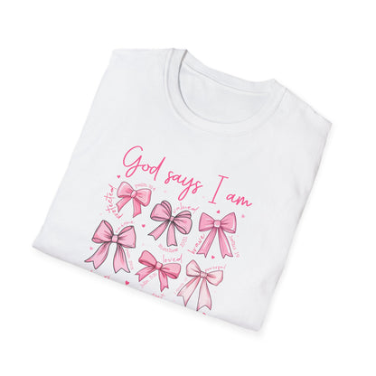 Powerful "God Says I Am" Christian T-Shirt for Women | Inspiring Bible Verse & Pink Bows Tee | Empowering Faith Gift