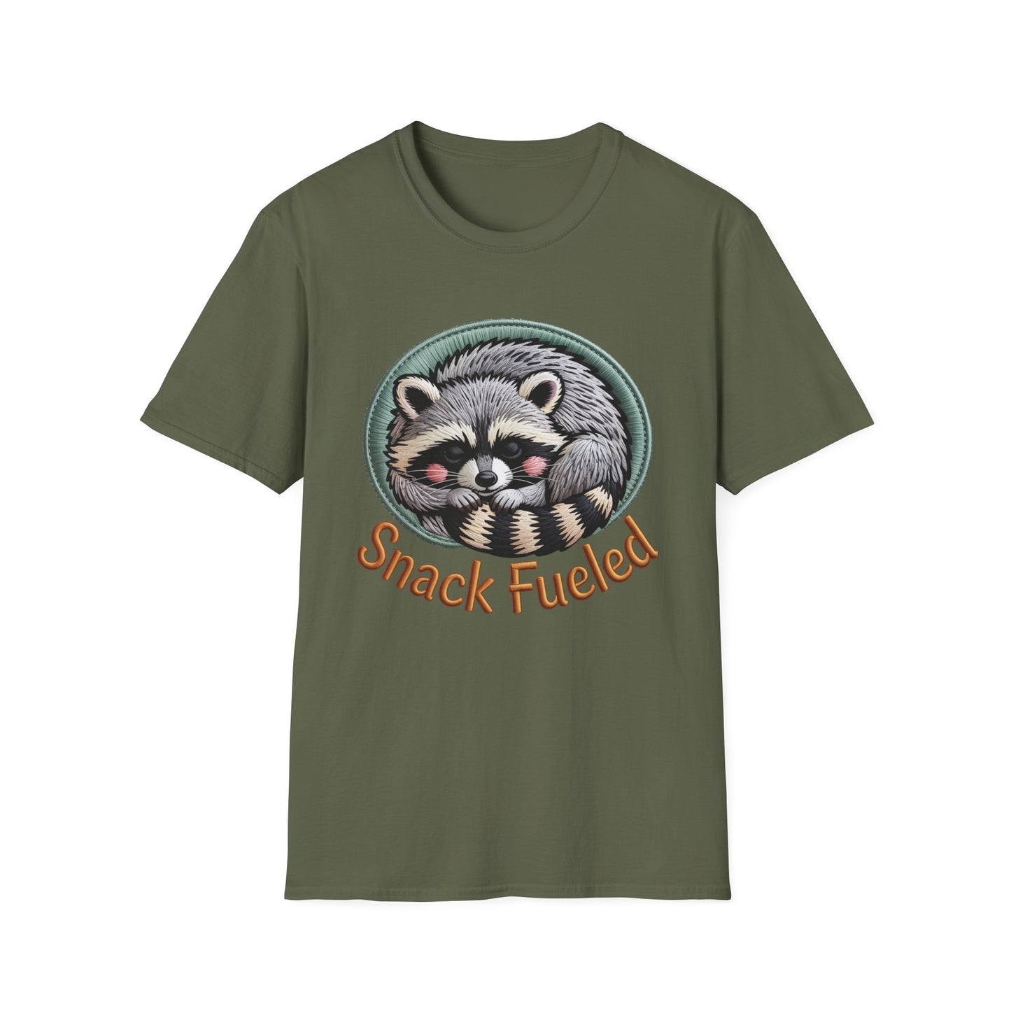Adorable "Snack Fueled" Raccoon T-Shirt | Cozy Embroidered Look Tee | Ultimate Cute Animal & Snack Lover Gift!
