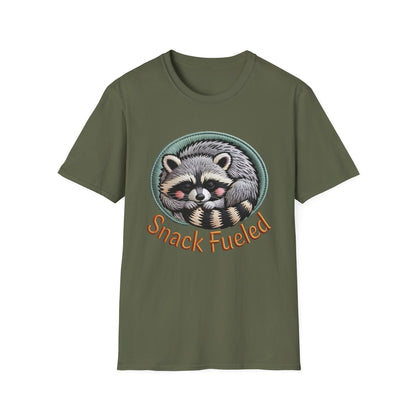 Adorable "Snack Fueled" Raccoon T-Shirt | Cozy Embroidered Look Tee | Ultimate Cute Animal & Snack Lover Gift!