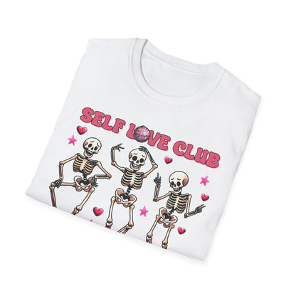 Groovy Self Love Club T-Shirt | Empowering Dancing Skeletons & Disco Ball Design | Trendy & Unique Top